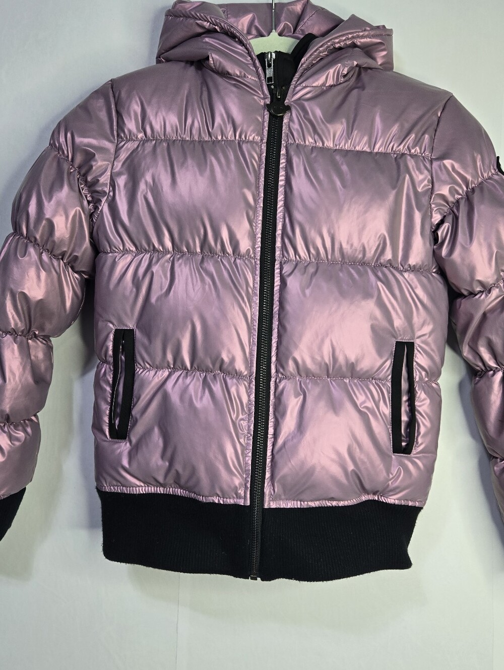 Appaman Girls Sz 8 Shiny Lt. Purple Double Zip Hooded Puffer Jacket, Black Trim